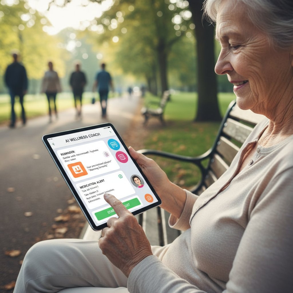 Starsza osoba korzystająca z tabletu, otrzymuje spersonalizowane powiadomienia i wsparcie od AI