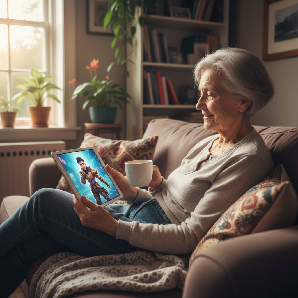 Ältere Person mit Tablet auf Sofa, entspannter Gesichtsausdruck, digitales KI-Avatar-Profil im Vordergrund