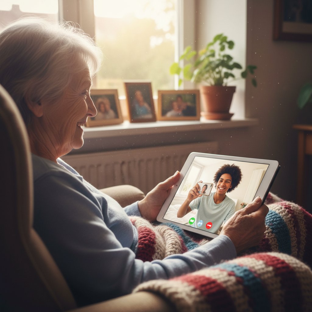 Starsza osoba rozmawia przez tablet, nastolatek korzysta ze smartfona, generacje w rozmowie online