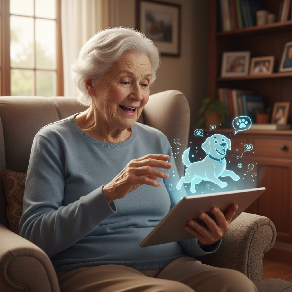 Starsza osoba rozmawiająca z wirtualnym psem na tablecie, pies online dla seniorów
