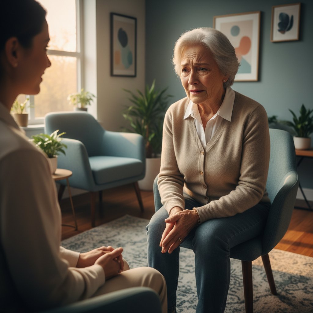 Senior uczestniczący w sesji terapeutycznej, wyrazista twarz, nowoczesny gabinet, ciepłe światło