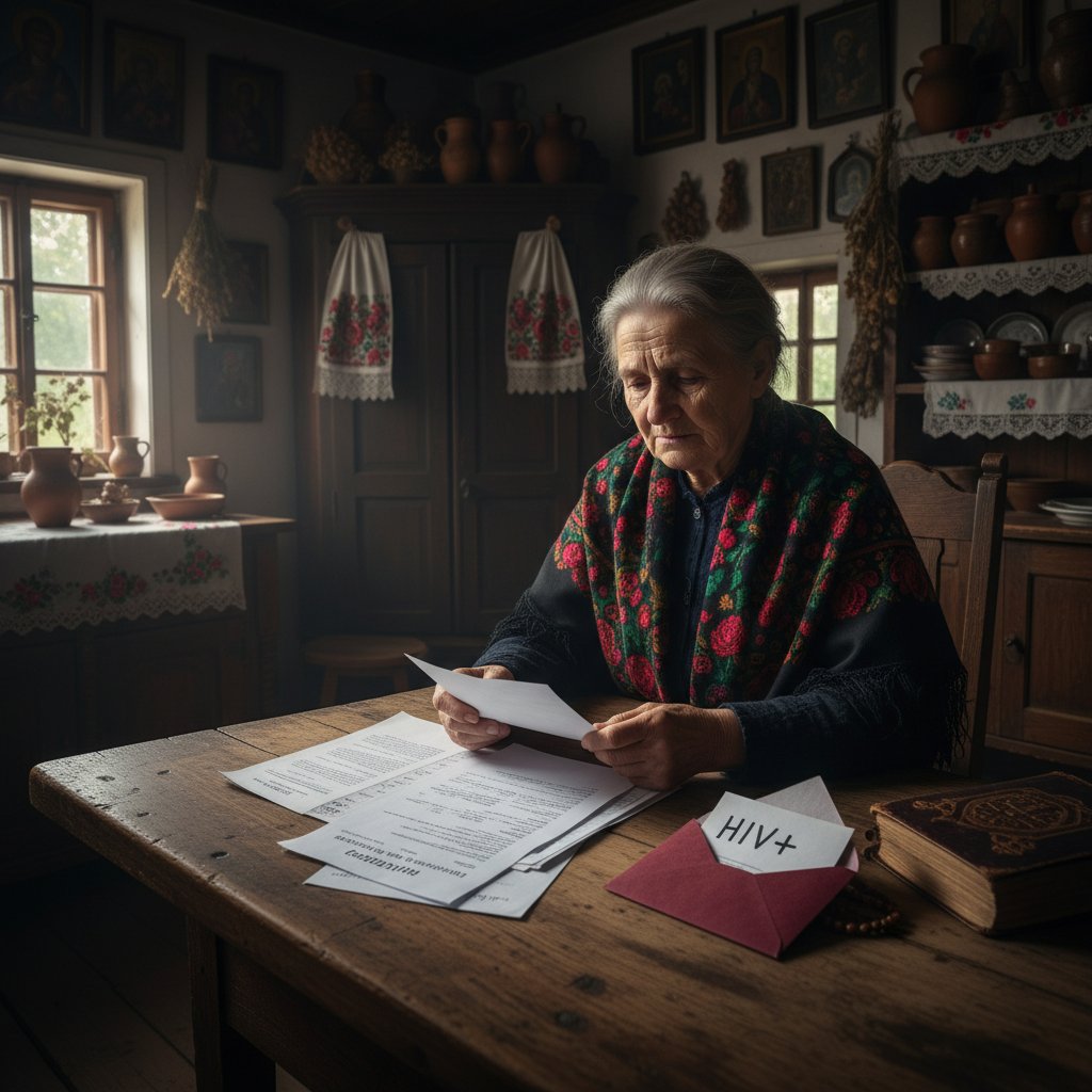 Starsza osoba w tradycyjnym polskim wnętrzu, zamyślona, trzymająca w dłoniach wyniki badań; klimat: powaga, temat: tabu zdrowotne w Polsce
