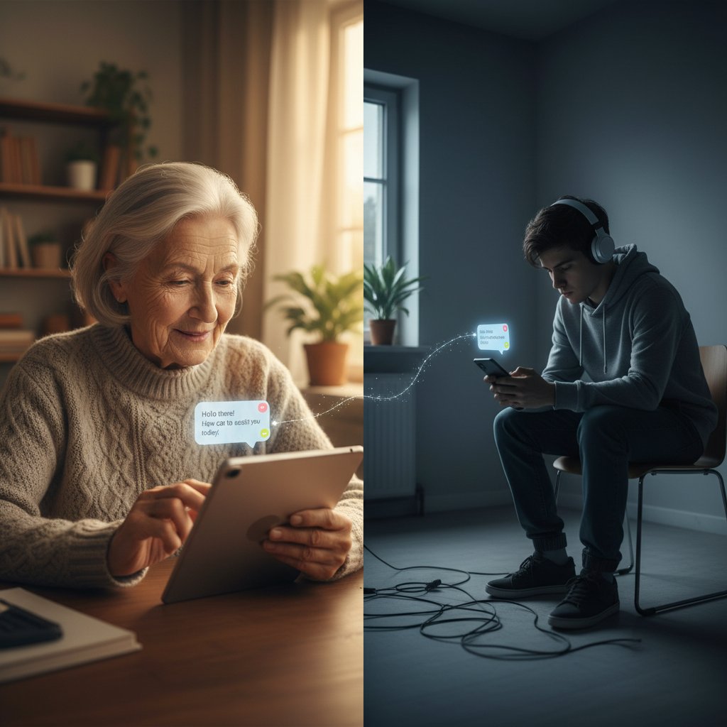 Senior korzystający z czatbota vs. wyizolowana młodzież
