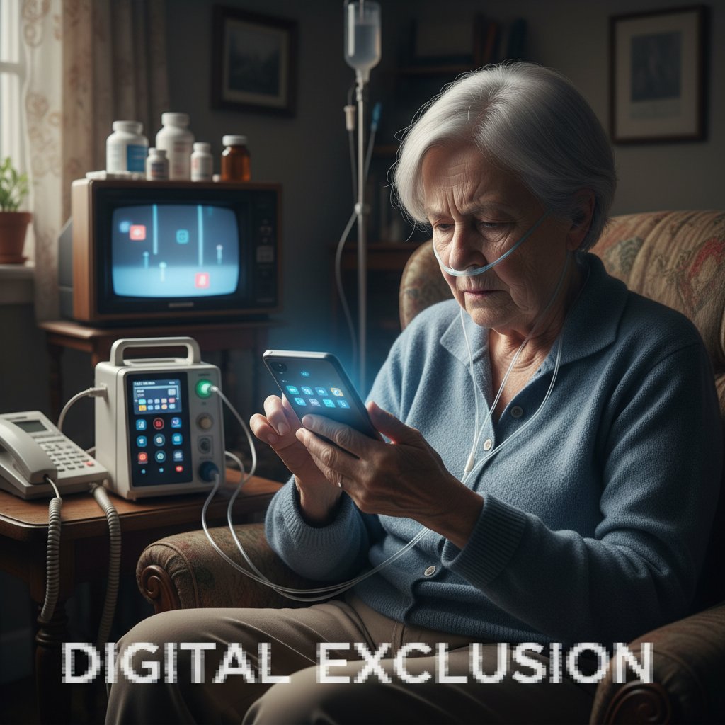 Starsza osoba próbująca użyć smartfona do uzyskania wsparcia medycznego, cyfrowe wykluczenie