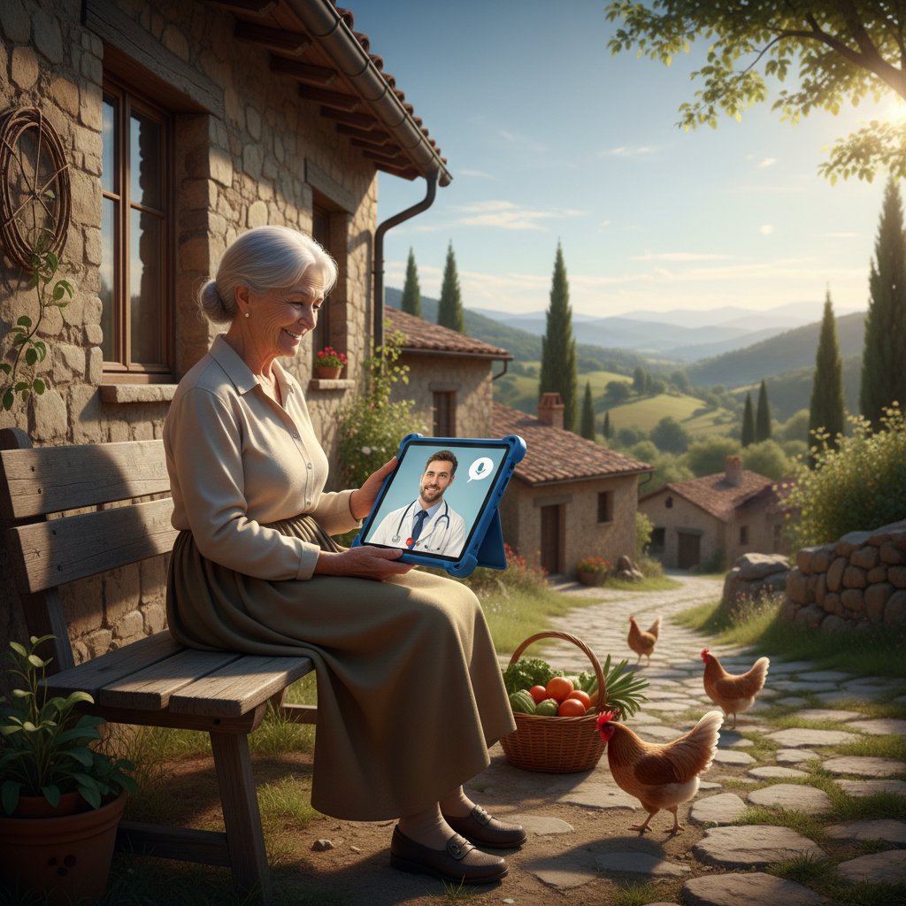 Starsza osoba korzystająca z konsultacji lekarskiej online na wsi