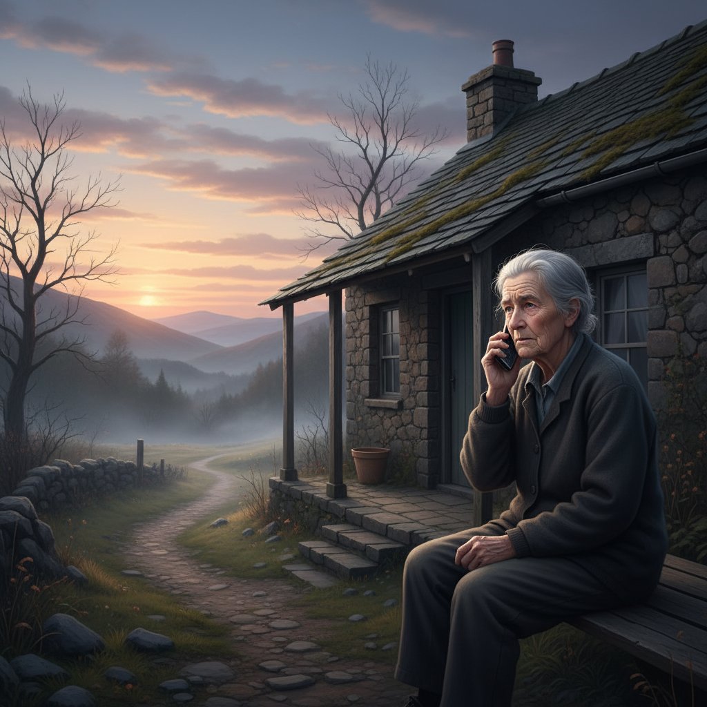 Starsza osoba na wsi rozmawiająca przez telefon, samotny dom, nastrój refleksyjny