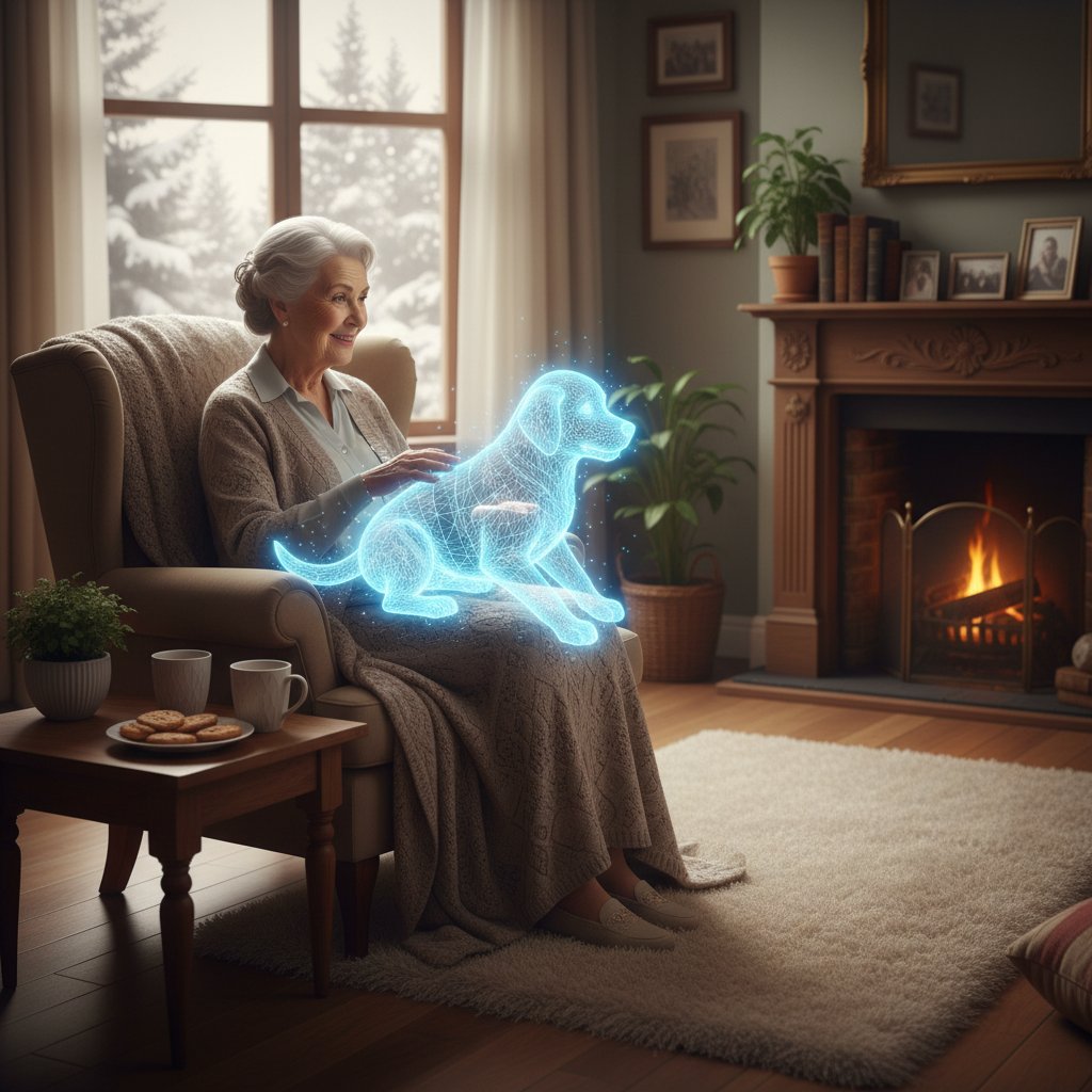 Starsza osoba przy komputerze rozmawia z wirtualnym pieskiem w salonie, promienie słońca padają na ekran