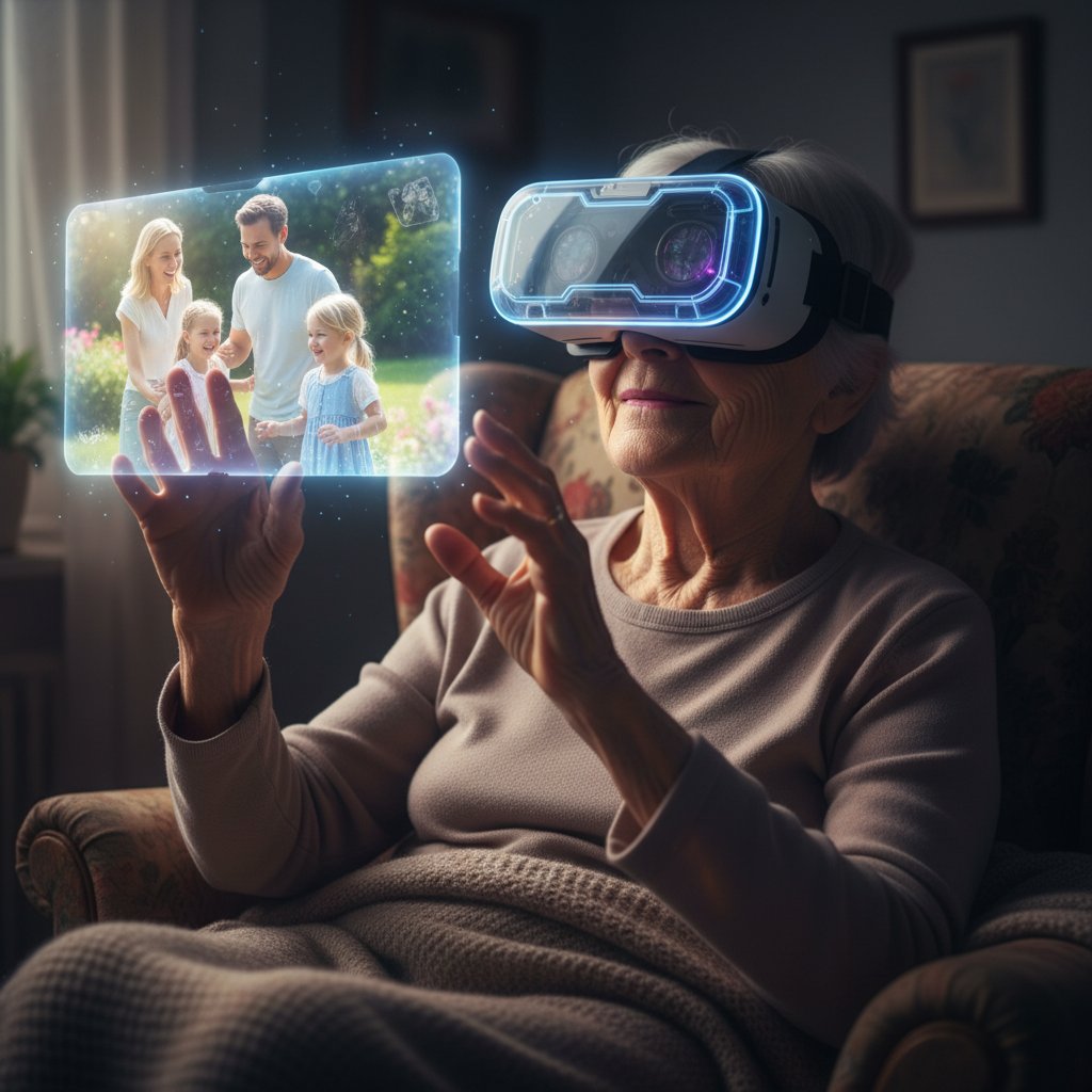 Elderly person wearing VR headset, surrounded by holographic family memories, hopeful mood, soft lighting
