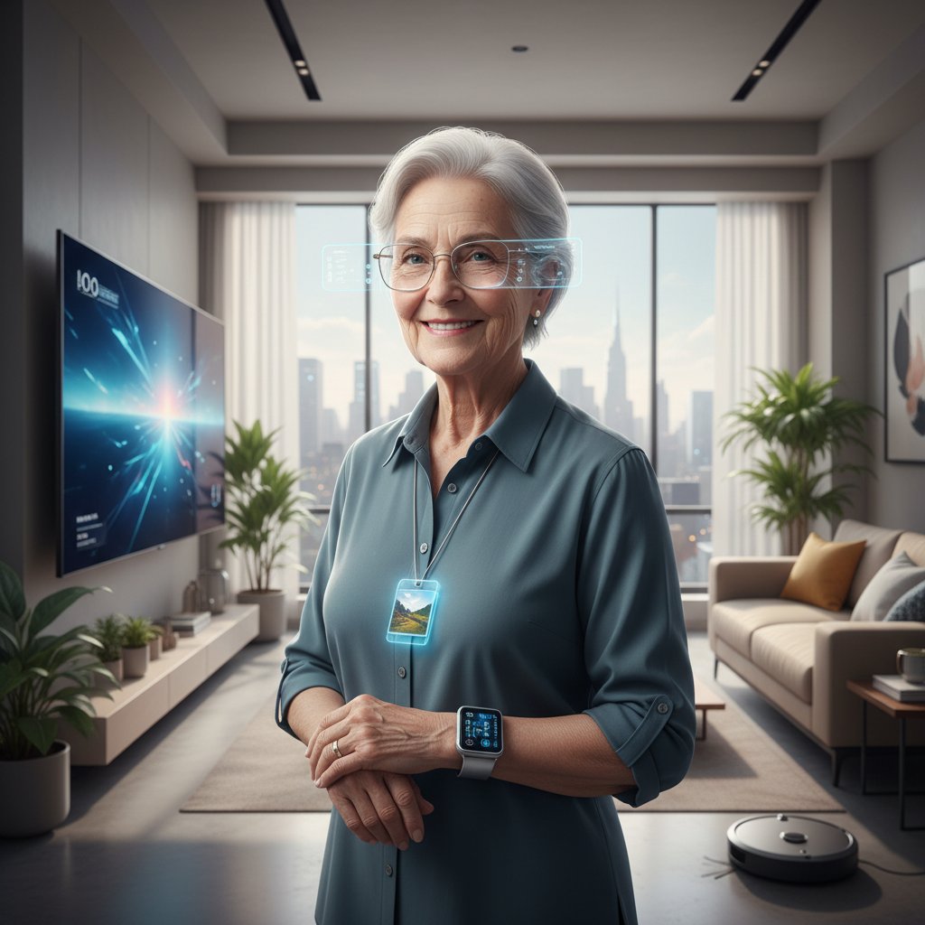 Starsza osoba w nowoczesnym apartamencie z opaską monitorującą zdrowie