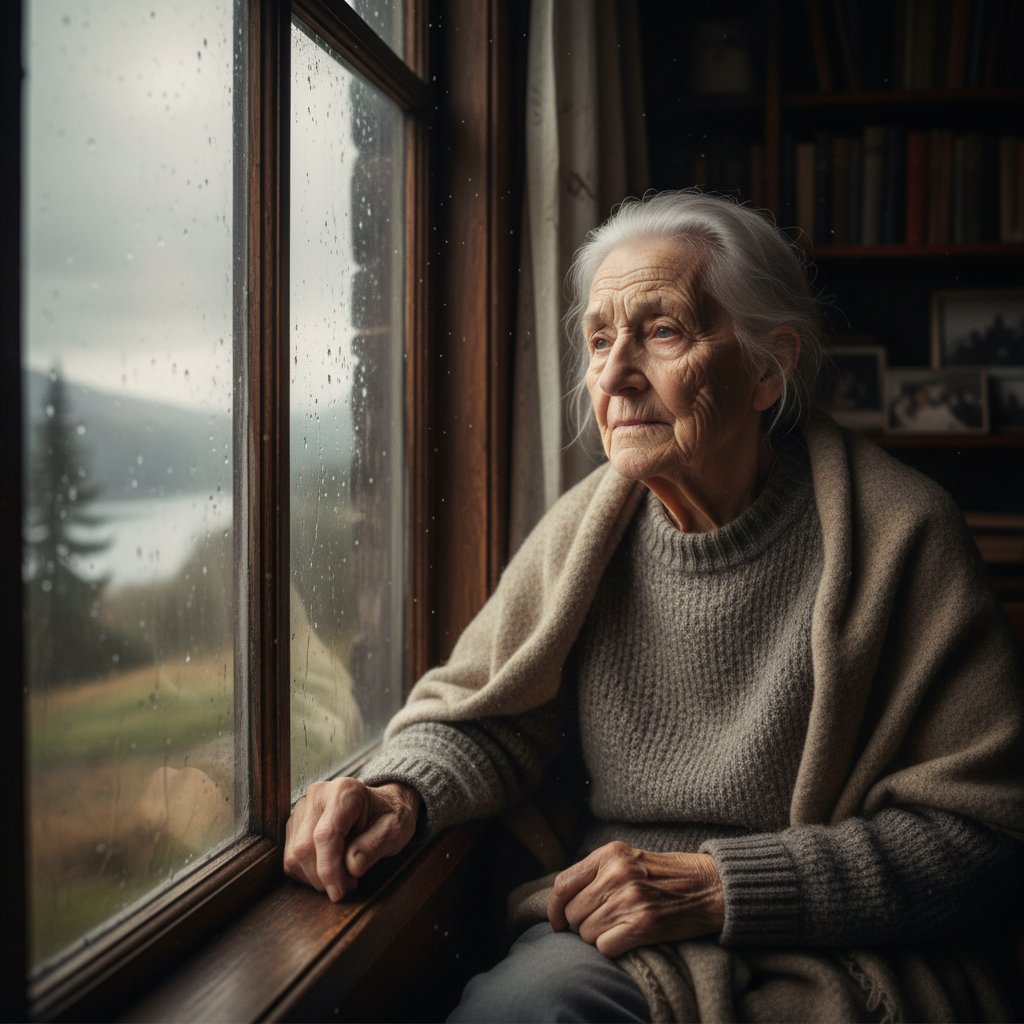 Senior patrzący w okno, zamyślony wyraz twarzy, światło padające przez szybę, refleksyjny klimat