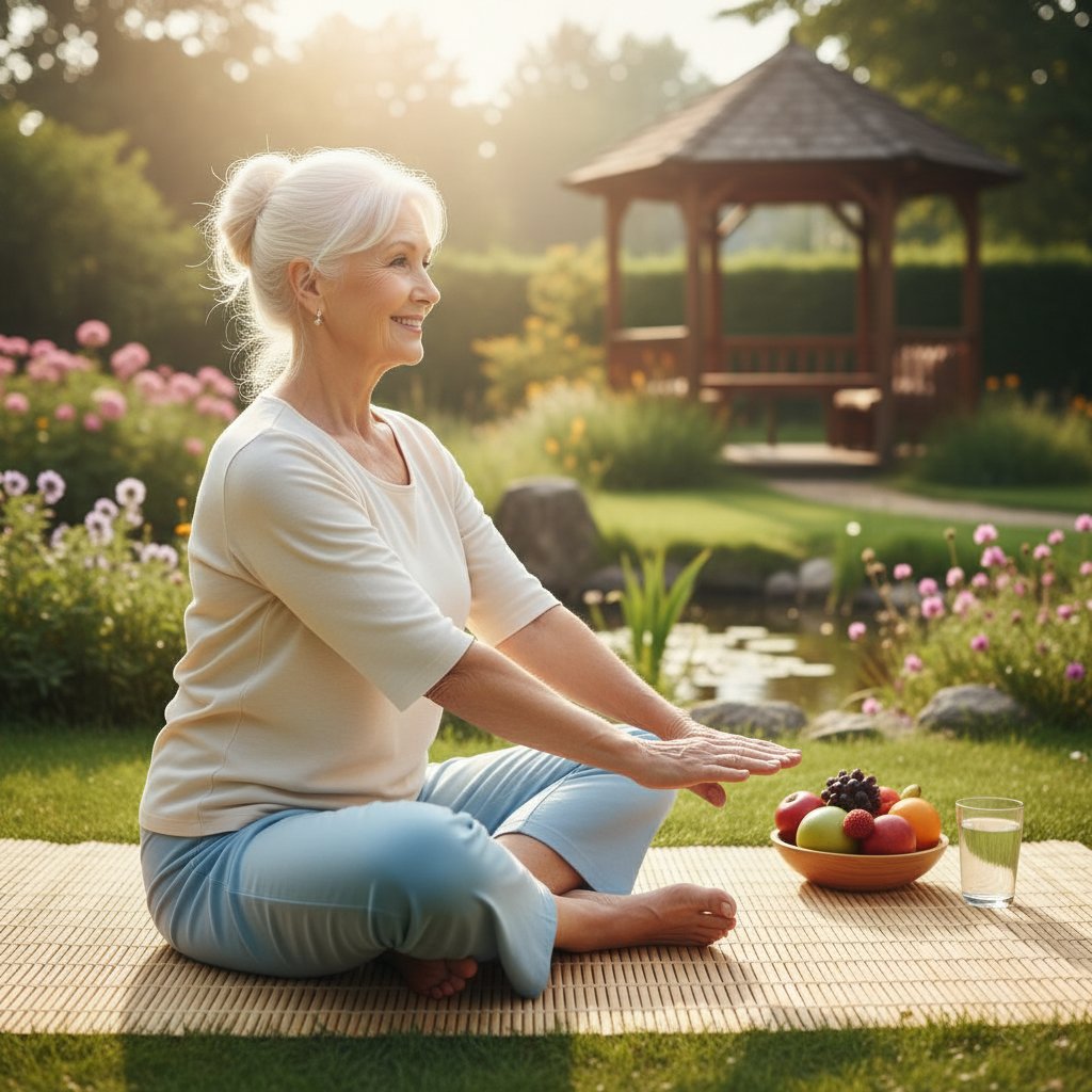 Starsza osoba ćwicząca jogę w parku, symbol zdrowego stylu życia i profilaktyki Alzheimera