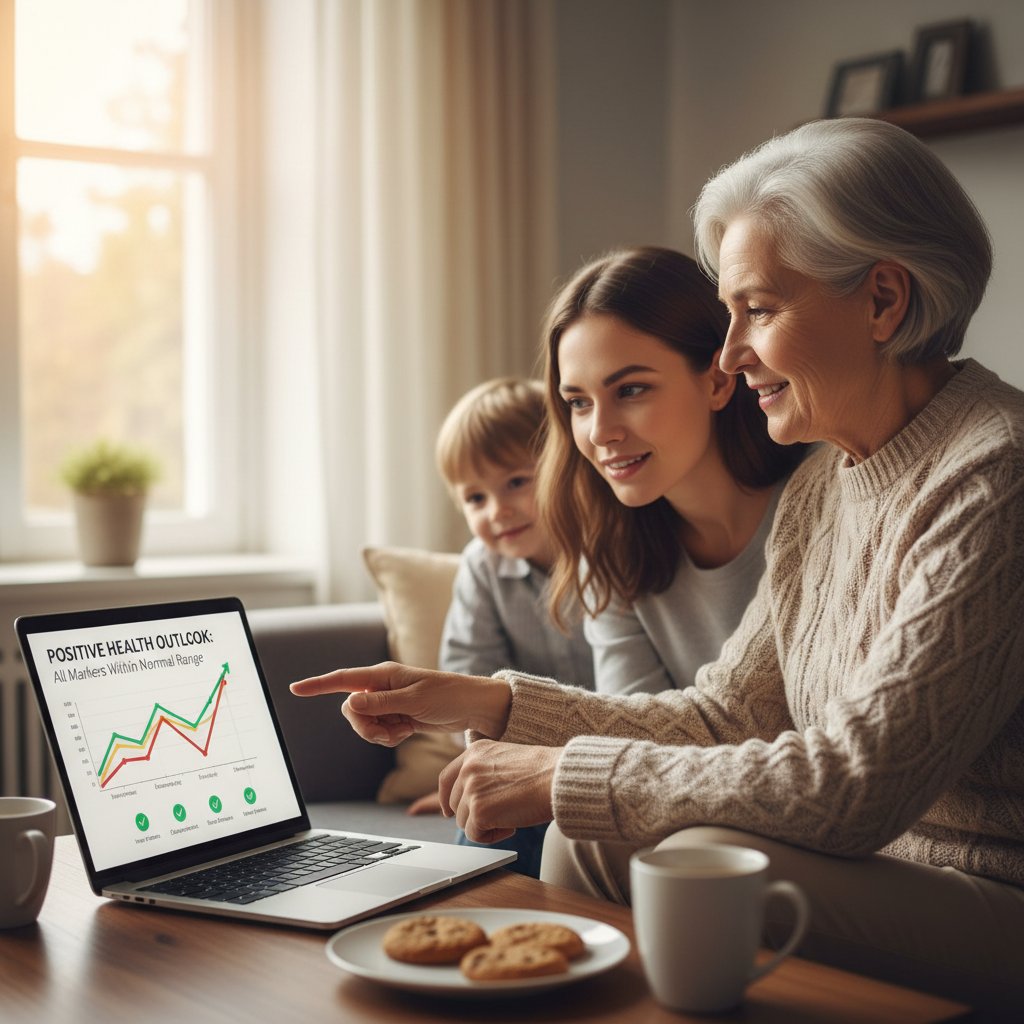 Starsza osoba siedząca obok młodego członka rodziny, wspólnie patrzą na ekran laptopa i omawiają wyniki zdrowotne