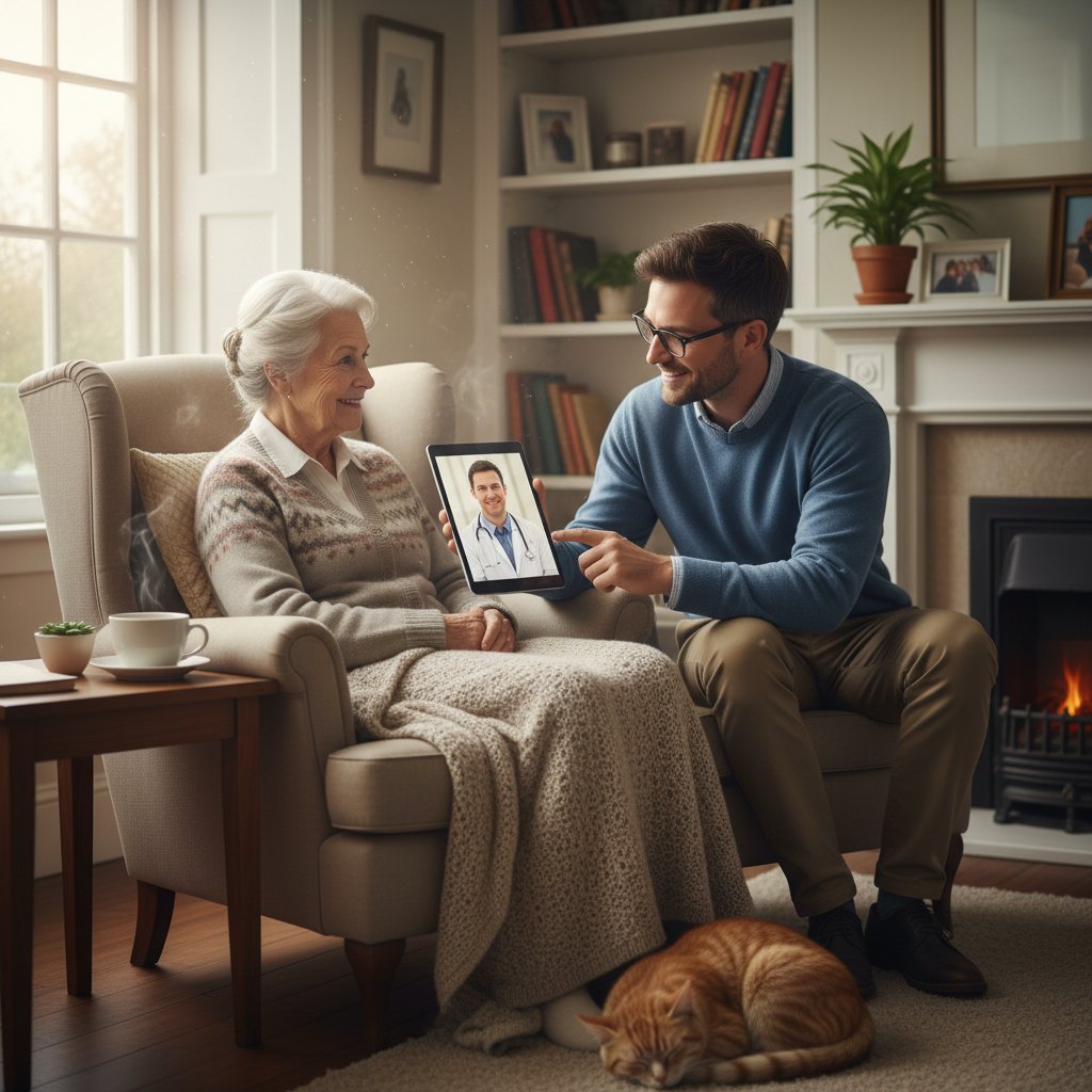 Starsza osoba korzystająca z konsultacji zdrowotnej online przy pomocy młodszego członka rodziny, ciepła atmosfera domowa