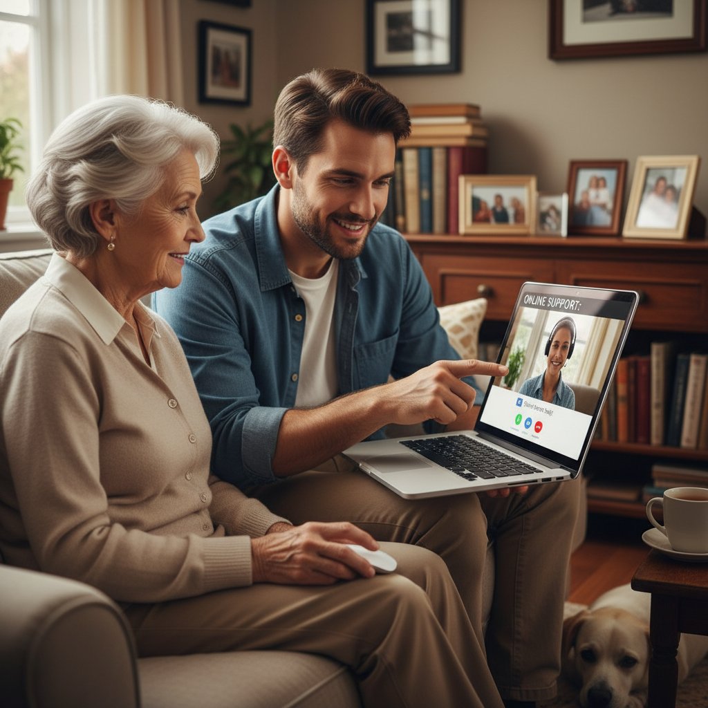 Starsza osoba i młody chłopak korzystający wspólnie z laptopa, symbolizujący przełamywanie barier pokoleniowych w korzystaniu z wsparcia online