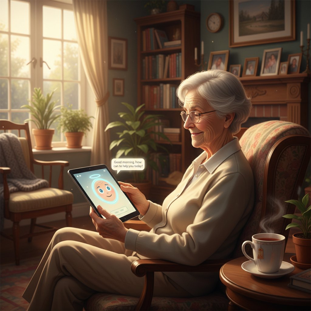 Senior korzystający z cyfrowej asysty zdrowotnej w domu