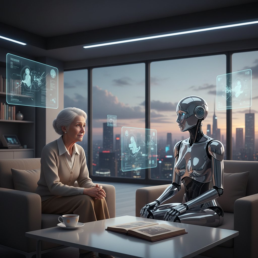 Starsza osoba rozmawiająca z robotem w domu, wyczuwalna samotność i nowoczesność. Słowa kluczowe: relacje z robotami, seniorzy, opieka