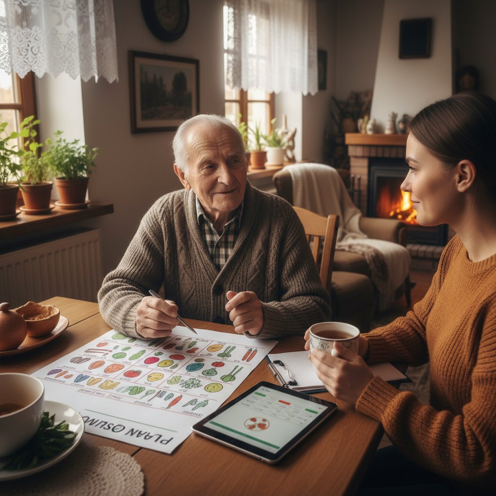 Senior konsultuje jadłospis z dietetykiem w domowym otoczeniu