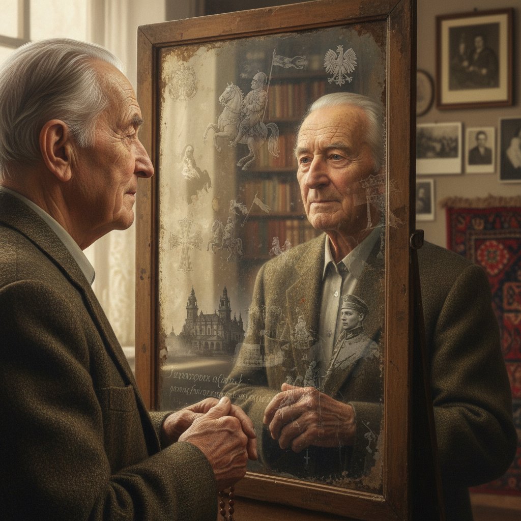 Starszy Polak patrzący w dal, zamyślony, z symbolami historycznymi w tle