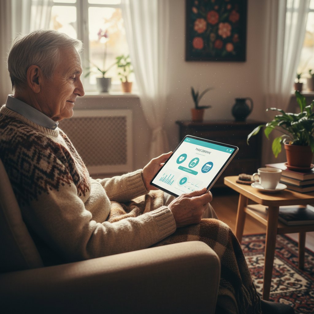 Senior korzystający z asystenta medycznego online w przytulnym domu, z tabletem i wyraźnym interfejsem zdrowotnym