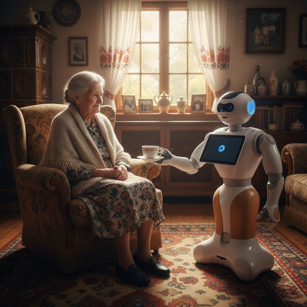 Starsza kobieta i robot opiekuńczy – codzienność AI w polskich domach