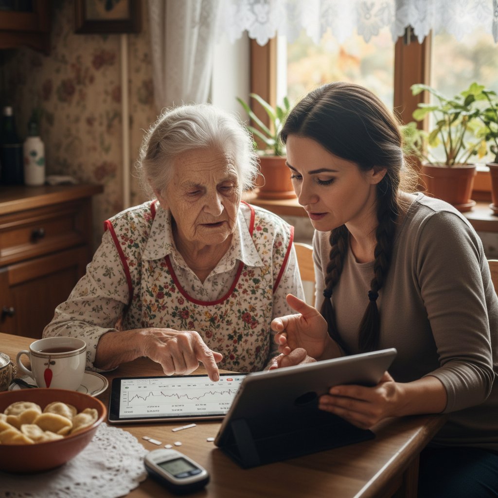 Starsza Polka siedzi z córką, analizują wspólnie wyniki z aplikacji kontroli cukru na tablecie, ciepła domowa scena