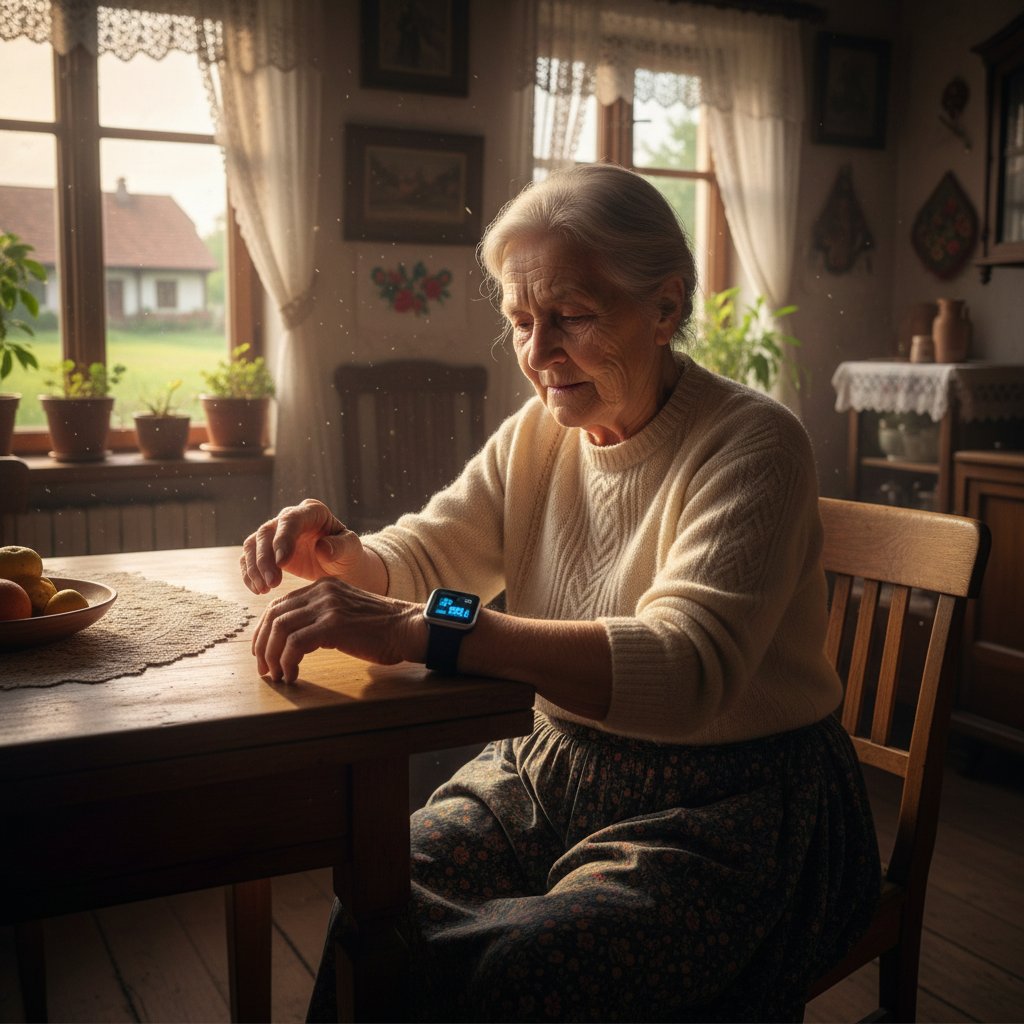 Starsza kobieta z urządzeniem do monitorowania zdrowia, światło przez koronkową firankę, atmosfera napięcia i nadziei