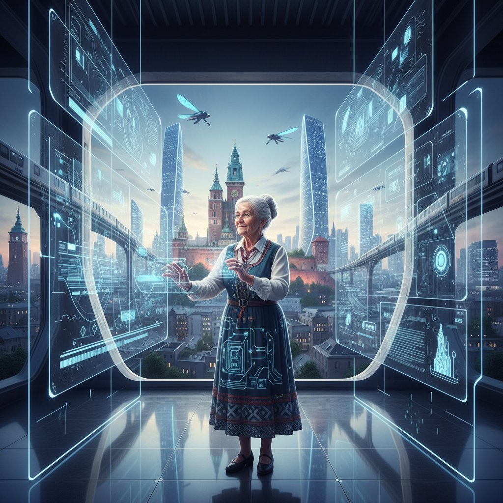 Starsza kobieta w cyfrowym otoczeniu z panoramą miasta w tle