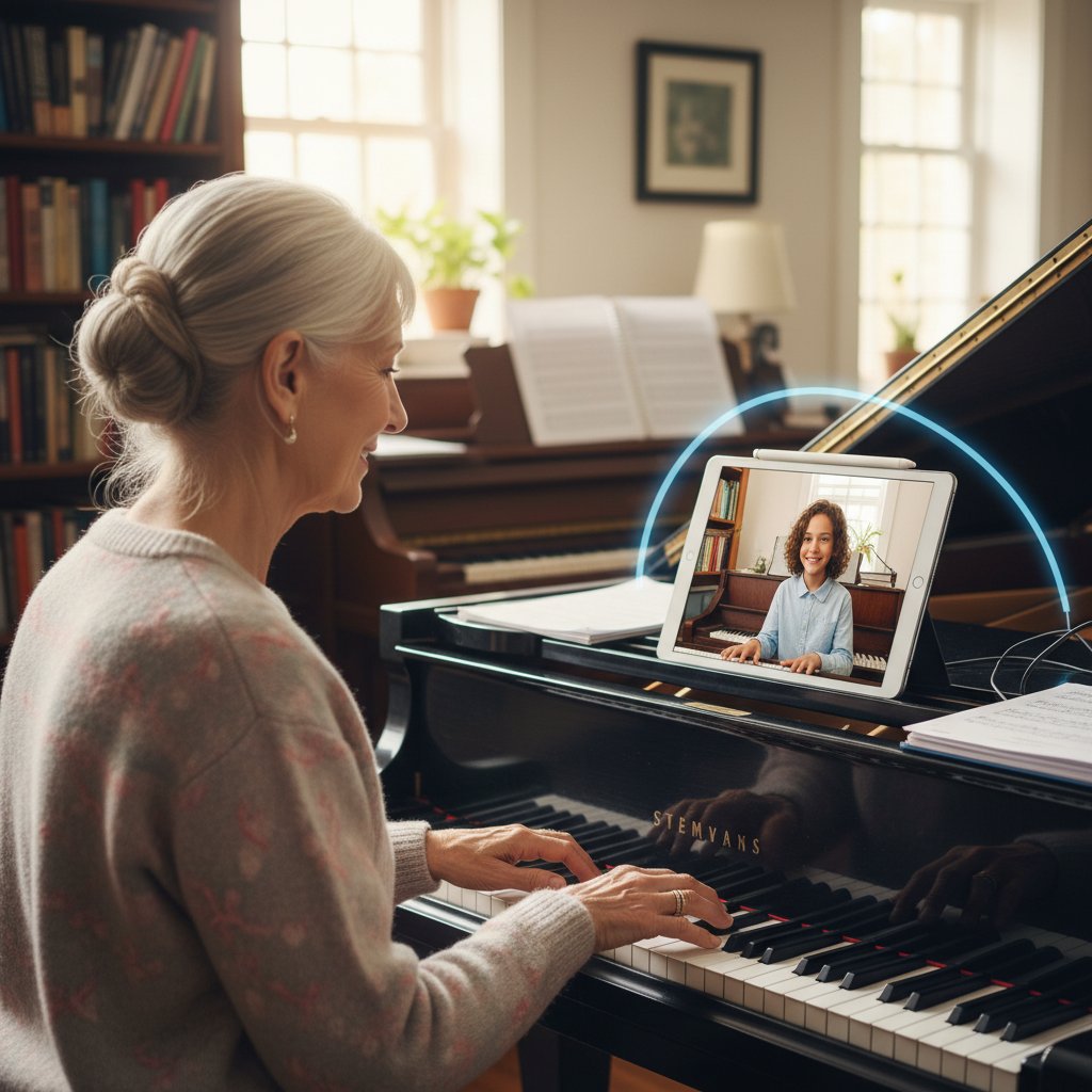 Starsza nauczycielka fortepianu prowadzi zdalną lekcję z uczniem, ekran laptopa, nuty na pulpicie