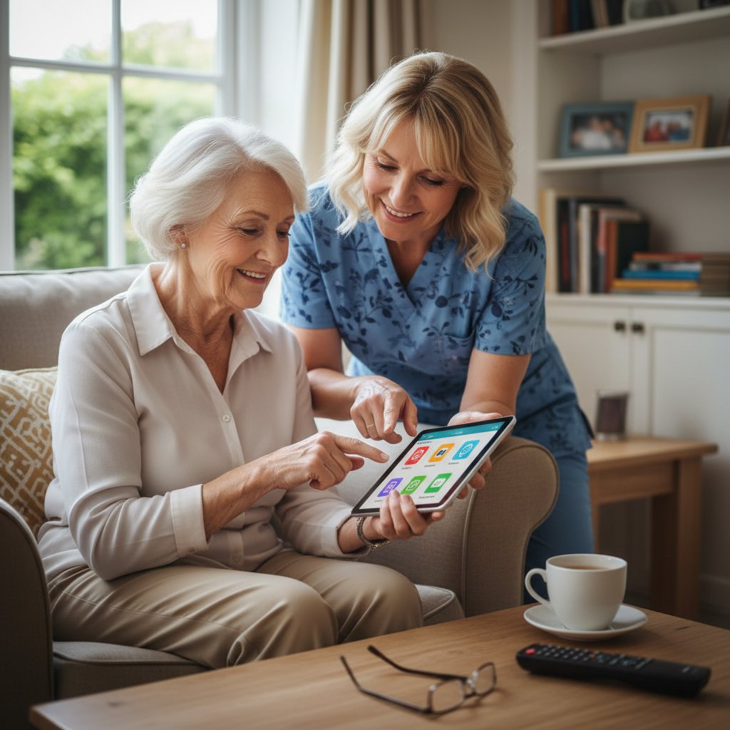 Starsza osoba z tabletem, korzystająca z nowoczesnych technologii opieki
