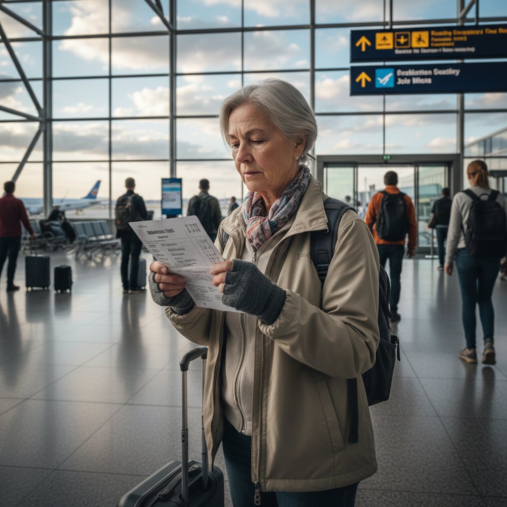Elderly traveler holding a paper boarding pass in a modern airport, illustrating the digital divide in check in accessibility