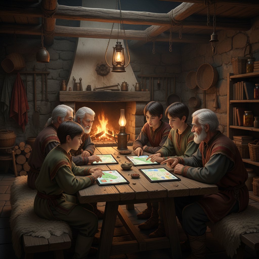 Starsze i młodsze pokolenia uczą się razem online na wsi, geografia wsi online