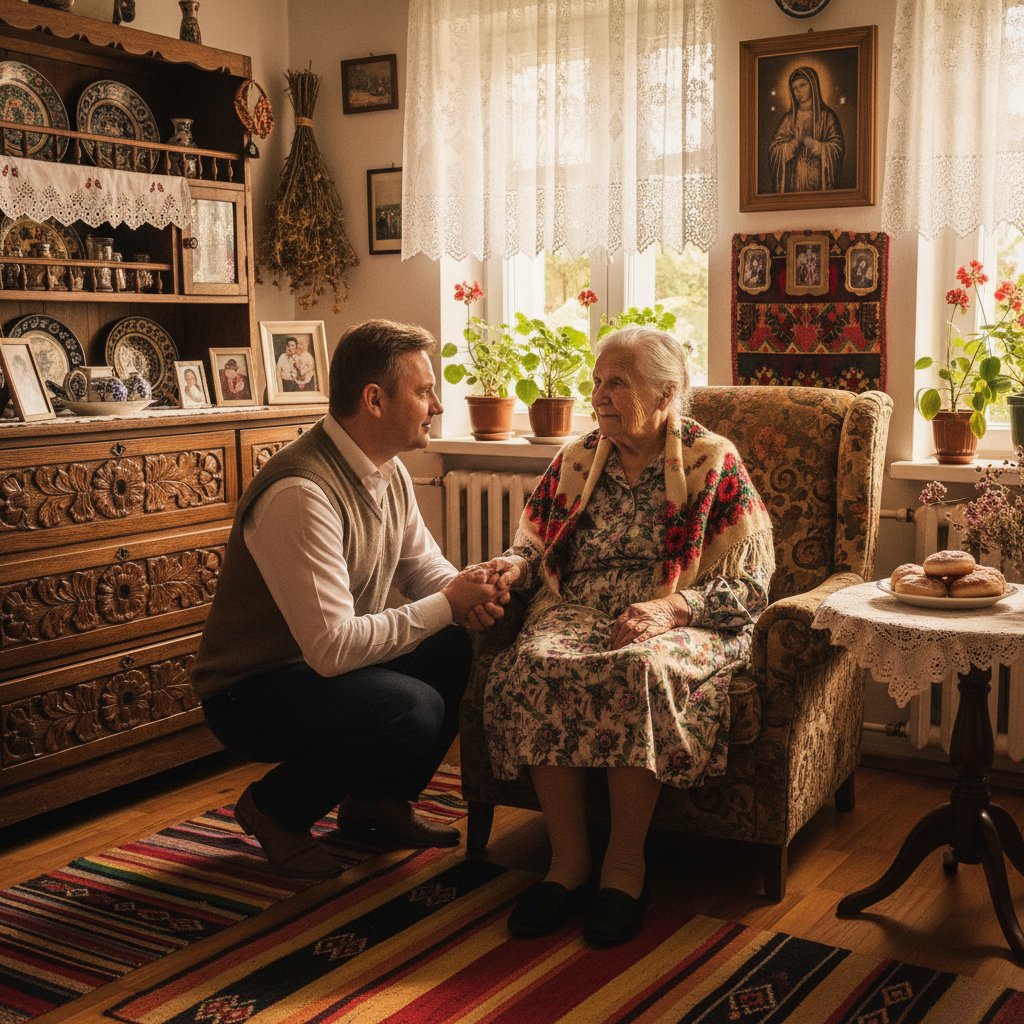 Starsza kobieta i dorosły syn siedzący razem przy stole, wyrażający troskę i wzajemną zależność, tradycyjny polski dom