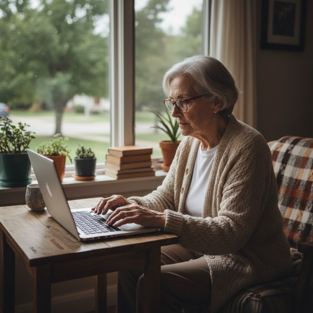 Starsza kobieta siedzi samotnie przy oknie z laptopem