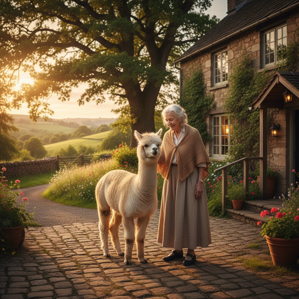 Starsza kobieta uśmiechnięta z alpaką u boku, ciepłe światło, wiejski dom