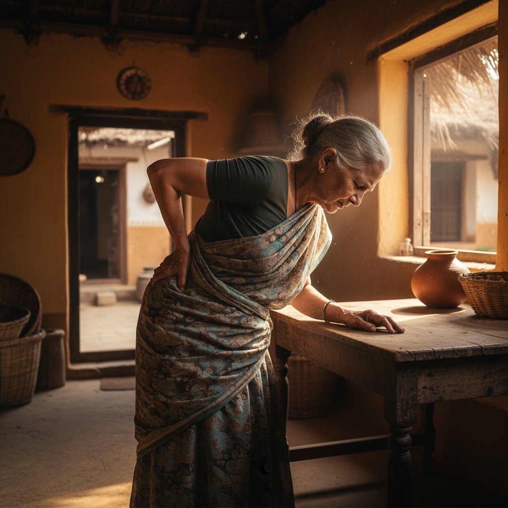 Zdjęcie starszej kobiety siedzącej przy oknie, trzymającej się za plecy, wnętrze wiejskiego domu