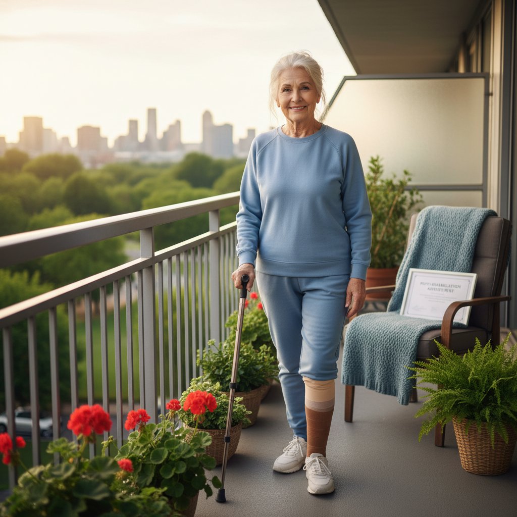 Starsza kobieta z balkonu obserwująca świat po rehabilitacji neurologicznej