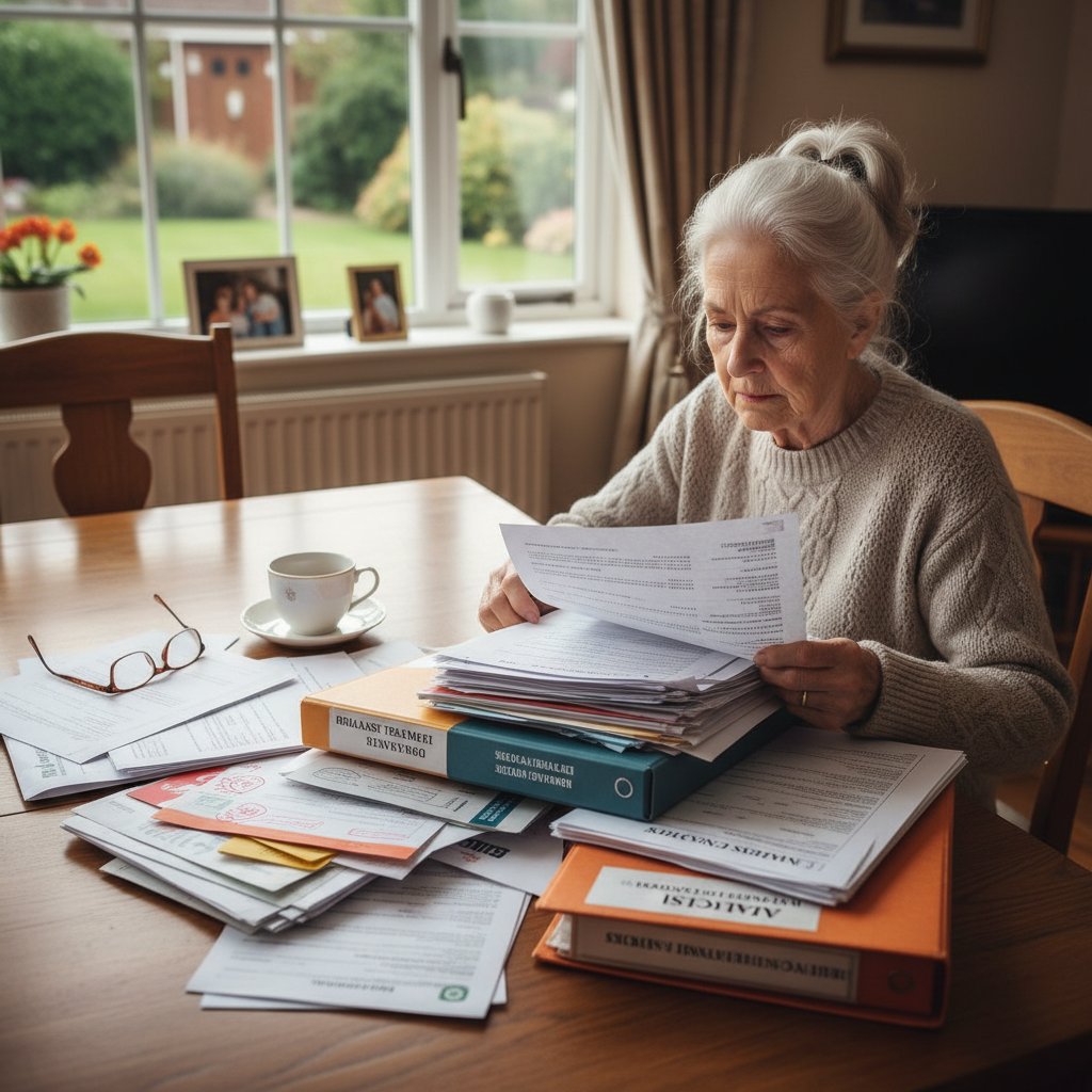 Starsza kobieta licząca rachunki, leżąca na stole dokumentacja dializacyjna, domowy klimat