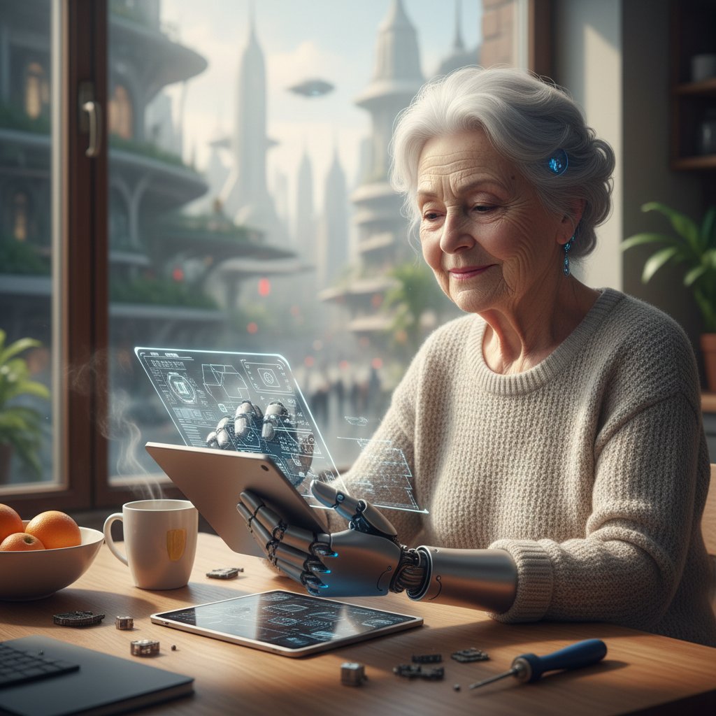 Starsza kobieta z protezą bionicznej ręki korzystająca z tabletu — symbol transhumanizmu w codzienności