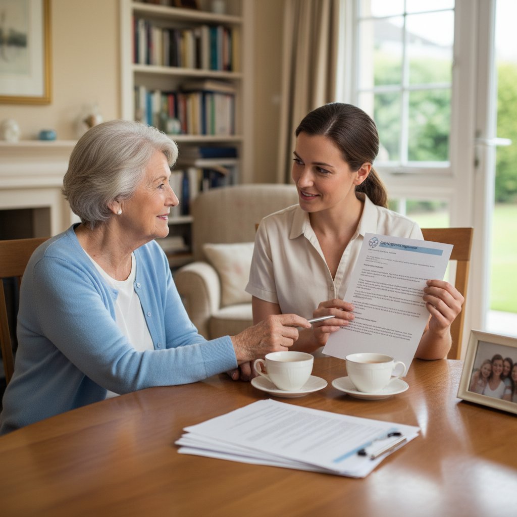 Starsza kobieta z opiekunką podpisują umowę, uścisk dłoni, domowe wnętrze