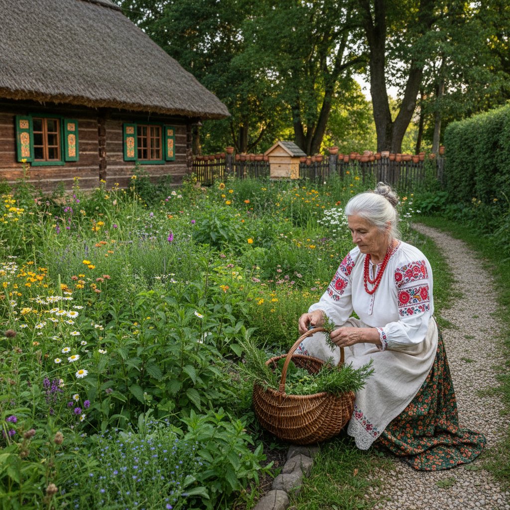 Starsza kobieta zbierająca zioła w tradycyjnym polskim ogrodzie, domowe sposoby na zdrowie w praktyce