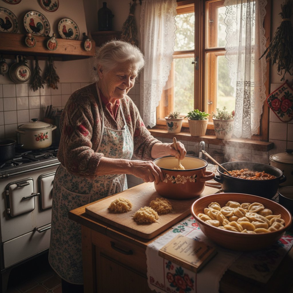 Starsza kobieta gotująca tradycyjny polski obiad w domowej kuchni