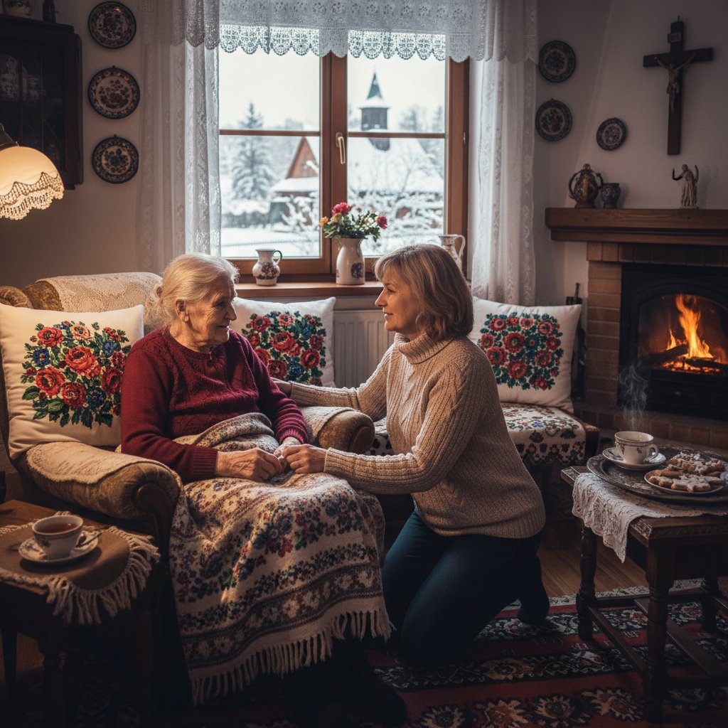 Starsza kobieta pod opieką córki w domu, symbol polskiej kultury opieki pielęgniarskiej