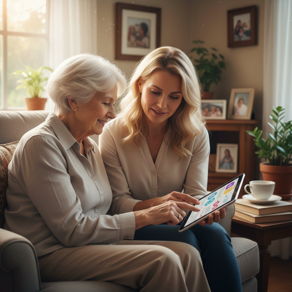 Starsza kobieta i dorosła córka przy stole, tablet, wspólna analiza wyników zdrowotnych
