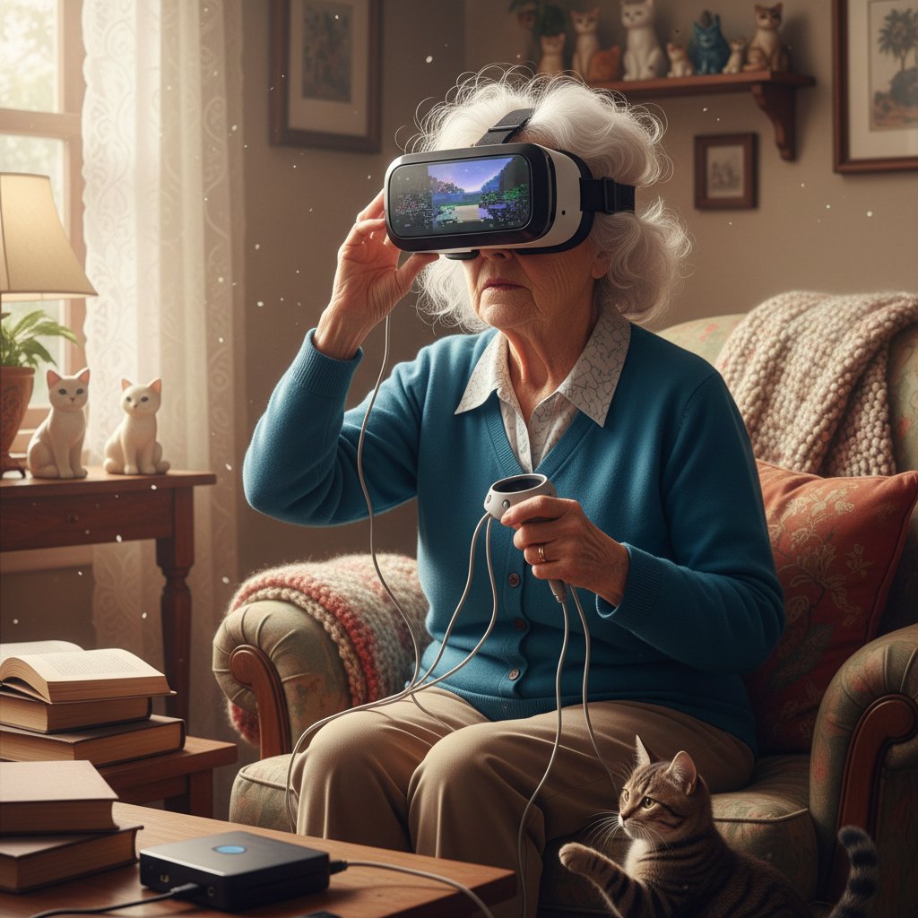 Starsza kobieta z widocznymi trudnościami obsługująca zestaw VR w warunkach domowych