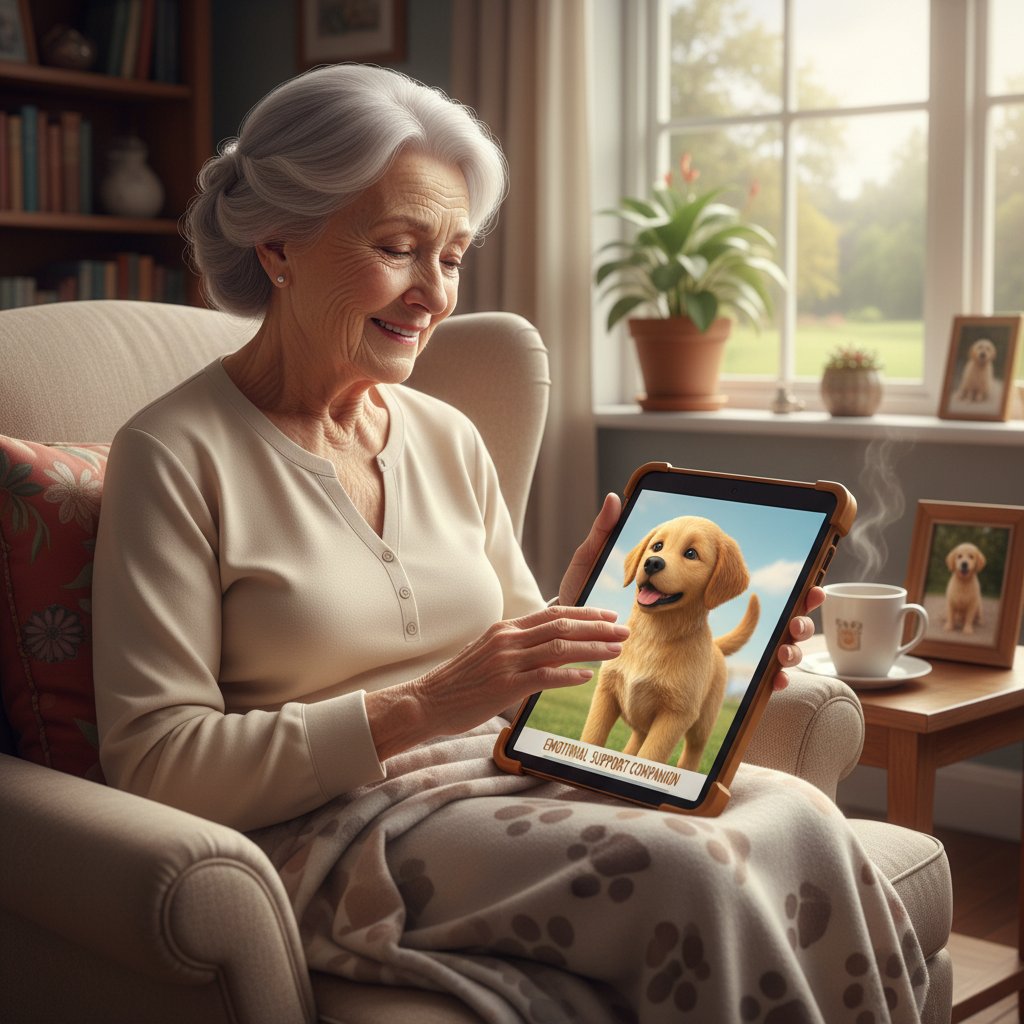 Senior rozmawiający z wirtualnym psem na tablecie, poczucie wsparcia emocjonalnego