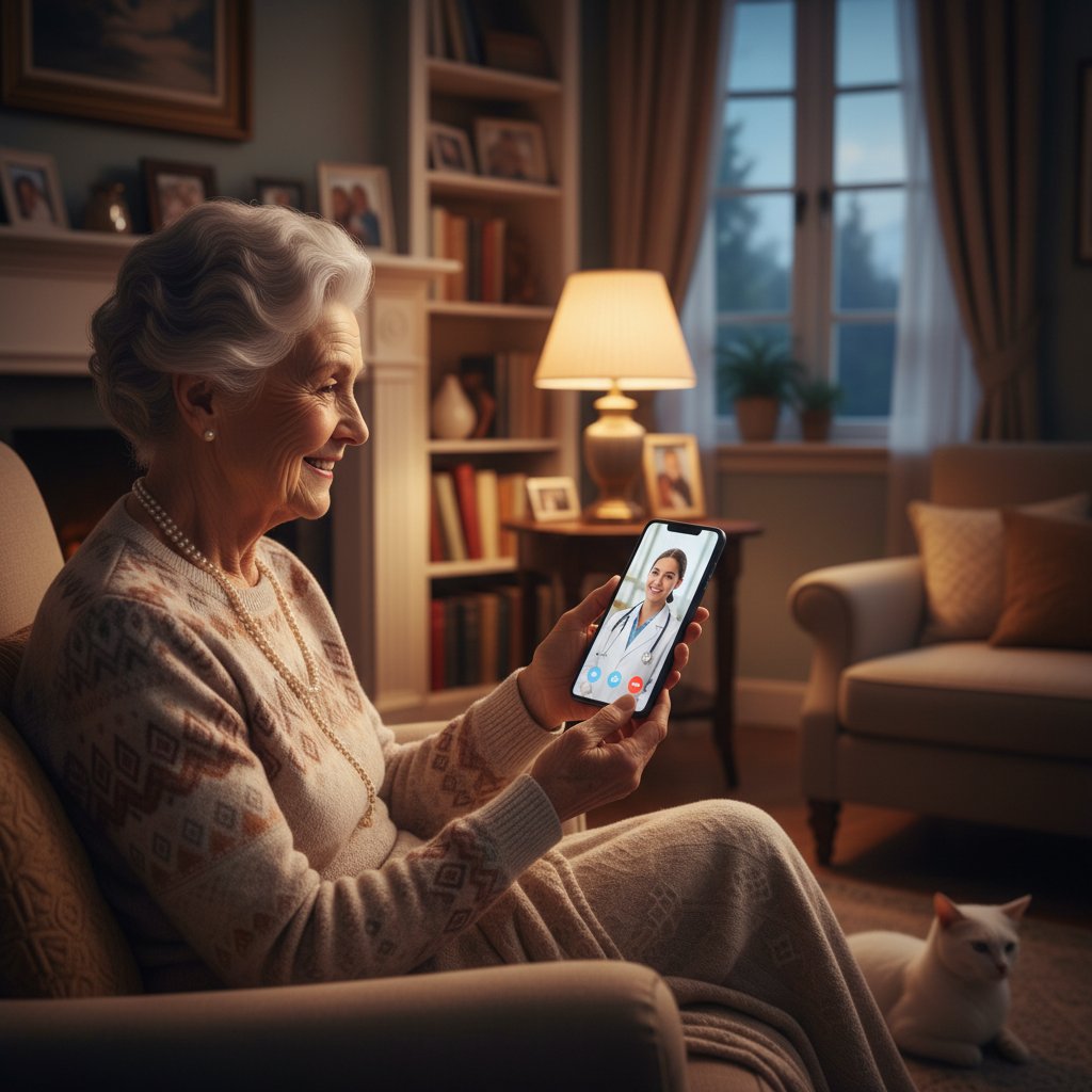 Starsza kobieta rozmawiająca z lekarzem przez smartfona; domowa atmosfera, wieczór – konsultacje medyczne online dla seniorów