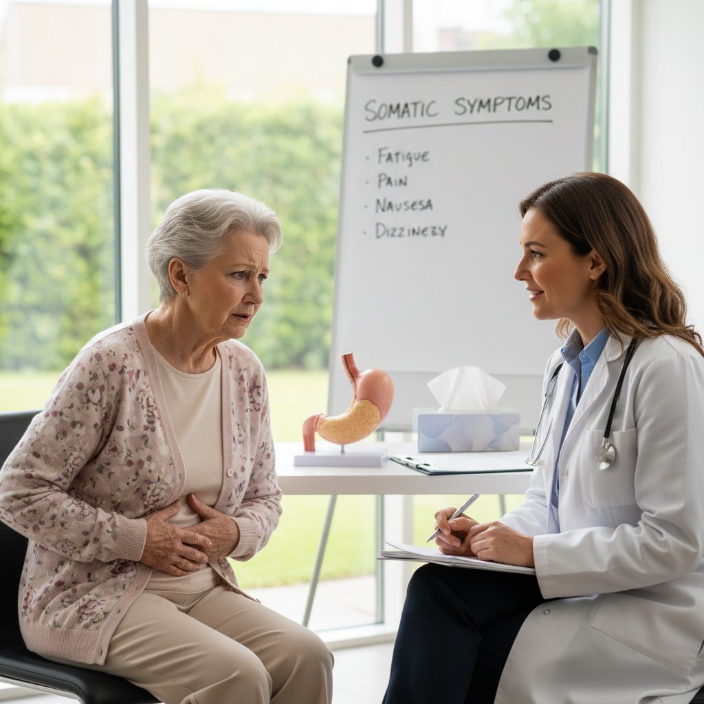 Starsza kobieta rozmawia z lekarzem o objawach somatycznych – spotkanie pokoleniowe
