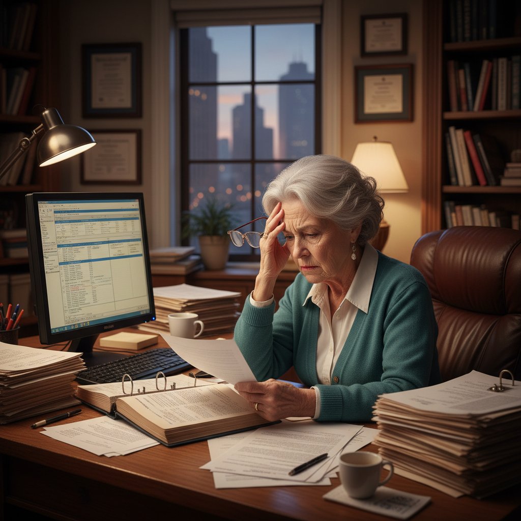 Starsza kobieta w urzędzie, trzyma dokumenty i czeka przy okienku, pokazując frustrację i zniechęcenie