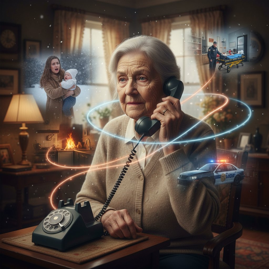 Starsza kobieta z telefonem alarmowym w dłoni, zamyślona, w mieszkaniu pełnym pamiątek rodzinnych