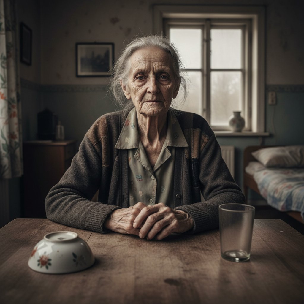 Samotna starsza kobieta przy stole z nietkniętym posiłkiem, obrazująca skalę niedożywienia seniorów